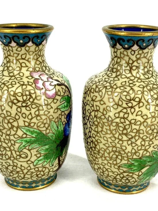 Cloisonne Mini Vases Gold Toned Asian Enamel Vases Floral 4" Tall Vtg Mini - Picture 4 of 8